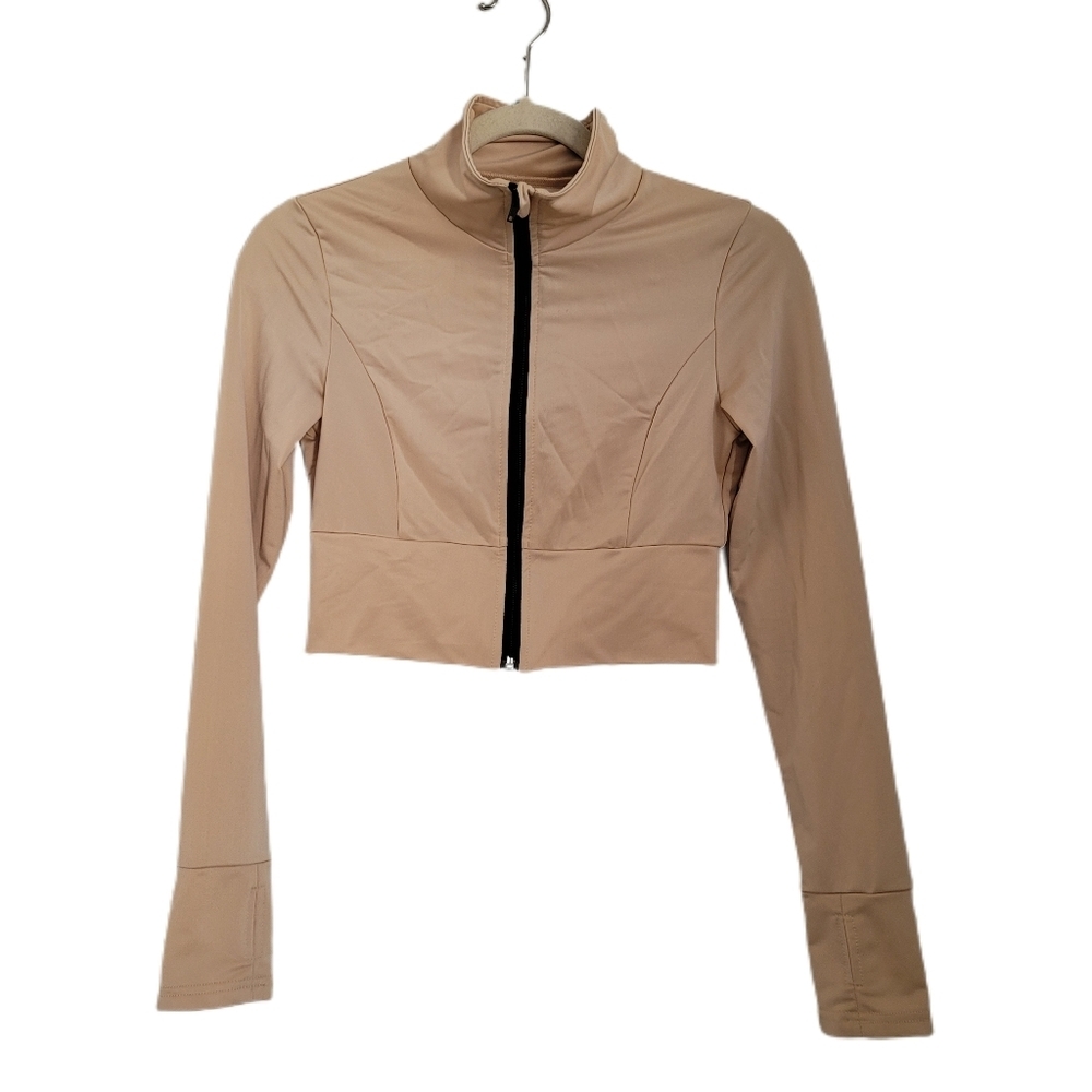 Shein Top M Medium Tan Crop Full Zip Long Sleeve Thumb Holes